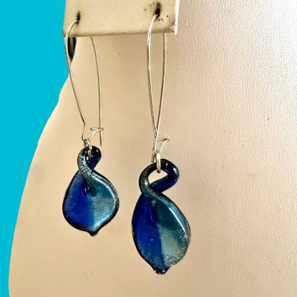 Artisan Handcrafted Blue Twist Glass Beaded Drop Earrings - Picture 7 of 7